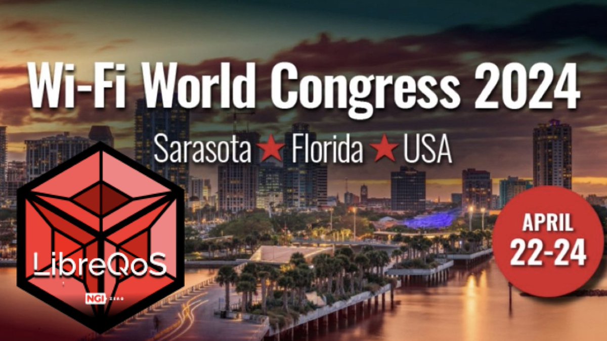 Meet our very own @mtaht at #WiFi World Congress 2024 @wifinowevents in Sarasota, FL! Learn more: wifinowglobal.com/sarasota-2024/ #WiFiNOW #LibreQoS #bufferbloat #latency #jitter #OpenSource #QoE #QualityOfExperience #ISP #WISP #FLOSS #InternetServiceProvider