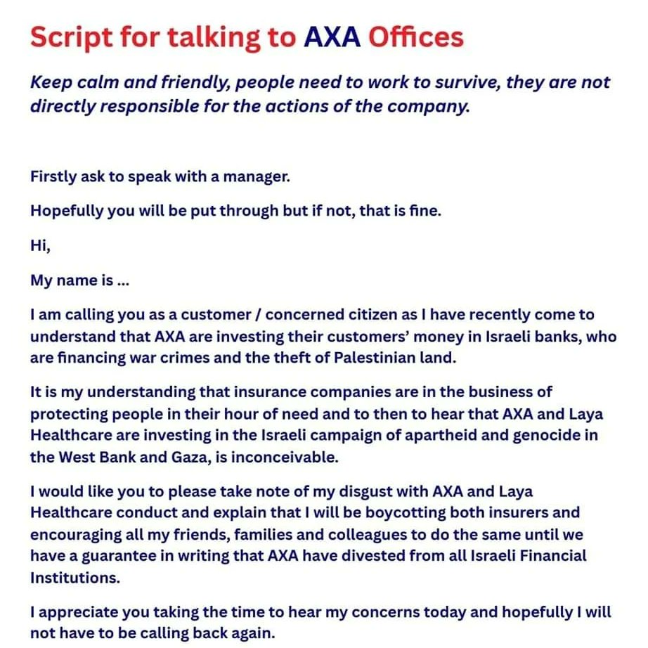 📣 Contact your local AXA branch ahead of their AGM on Tuesday. We must keep the pressure on AXA to #Divest from Hapoalim bank. Please call, email and join our actions tomorrow or organise one yourself. #BoycottAXA #FreePalestine