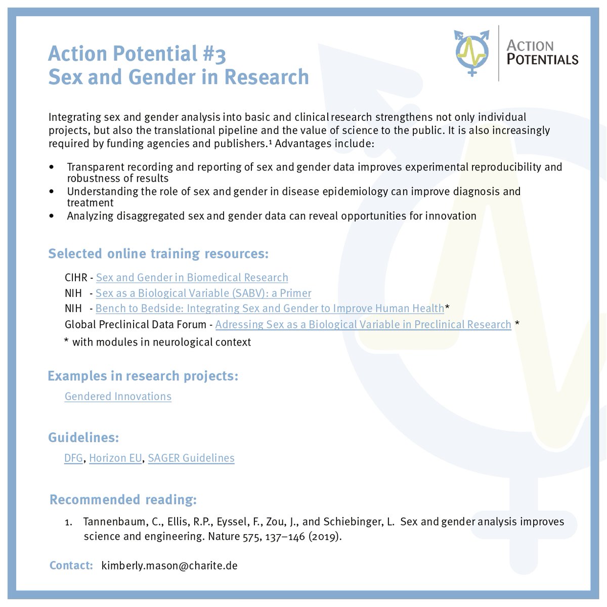 Continuing to share “Action Potentials” series - actions #scientists can take to support #equity , #Diversity and #inclusion in areas where they have direct impact! Now featuring Action Potential #3 with tools for considering the sex/gender dimensions in your research projects.