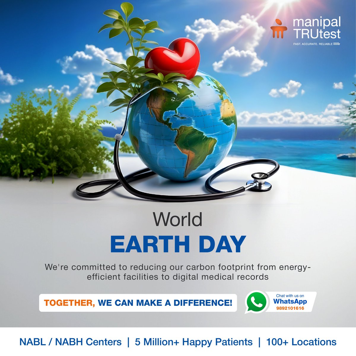 Manipal TRUtest prioritizes your health and the planet. Our eco-friendly practices minimize environmental impact while offering top-notch diagnostic services.
Explore our services! Click: shorturl.at/enL03

#EarthDay #bloodtest #basichealthcheckpackage #ManipalTrutest