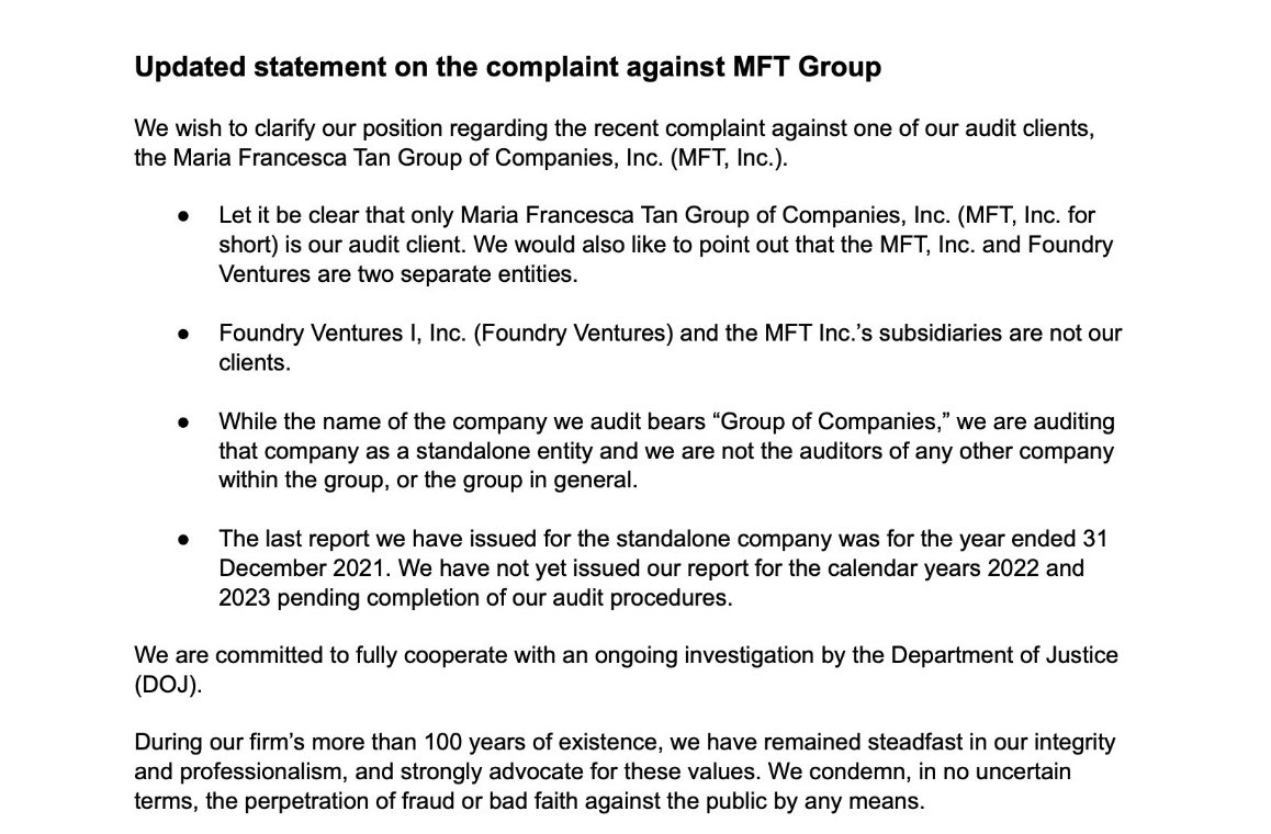 PwC Philippines/Isla Lipana issues 2nd statement distancing itself from mounting legal woes of businesswoman Mica Tan's companies. 

PwC says MFT Group Inc. is their only audit client, they will fully cooperate w/ DOJ investigation, condemns bad faith & fraud vs the public.