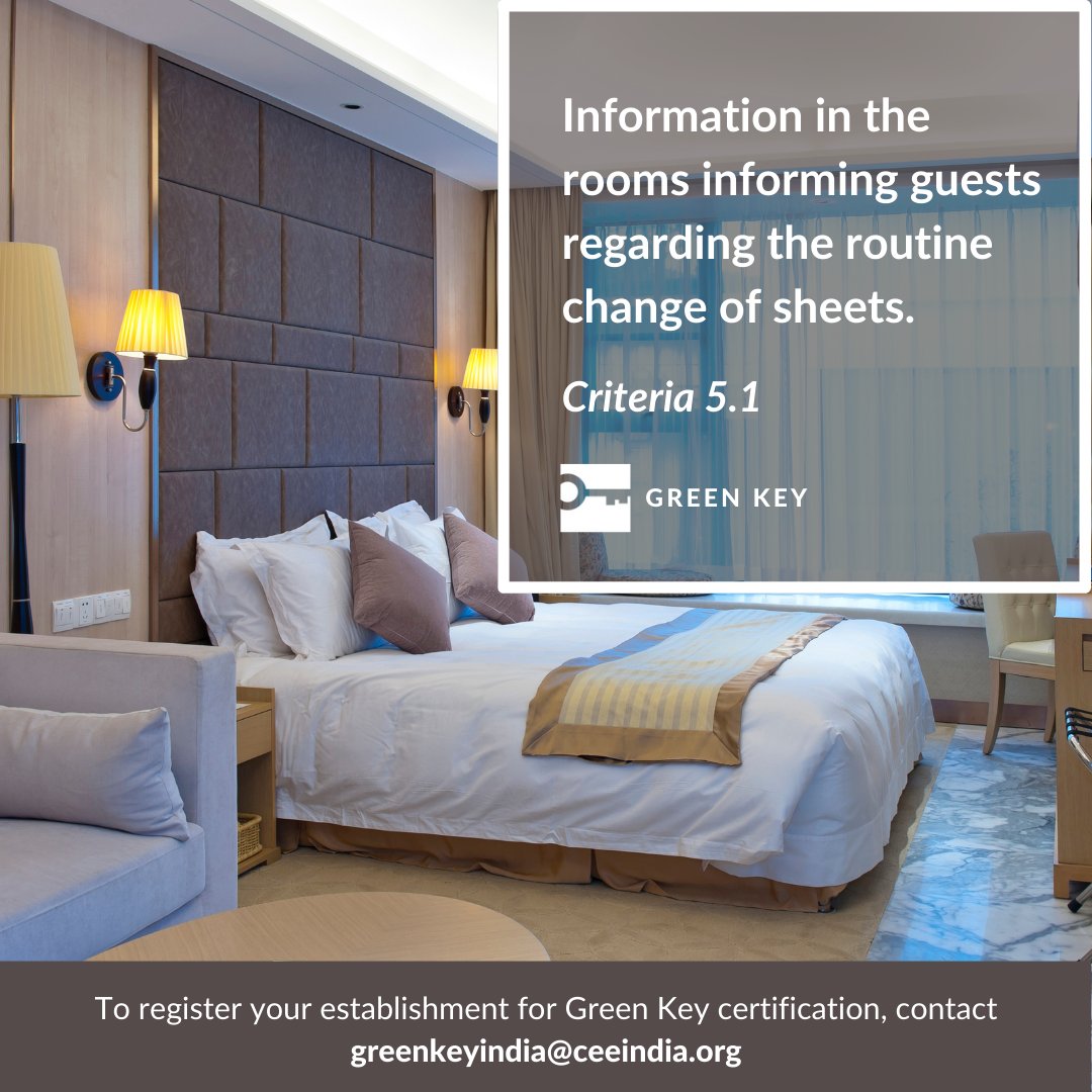 Every Green Key certified establishment has information in the rooms informing the guests about the regular cleaning and the change of sheets, adhering to the washing and cleaning standards. #Sustainability