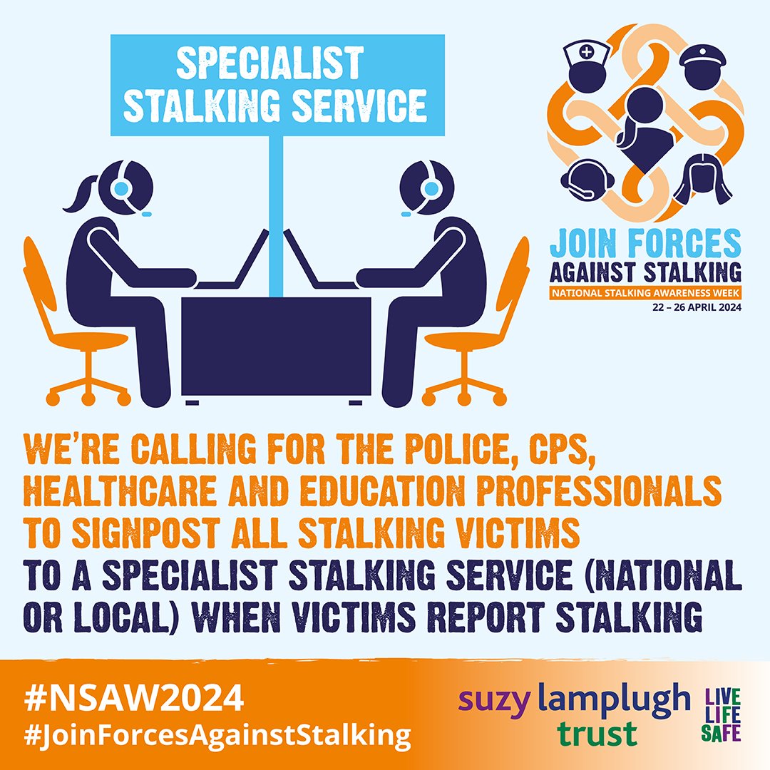 Specialist stalking support has the power to significantly improve a victim’s journey through the criminal justice system. Professionals across all agencies must #JoinForcesAgainstStalking and actively refer victims to these specialised services upon disclosure. #NSAW2024