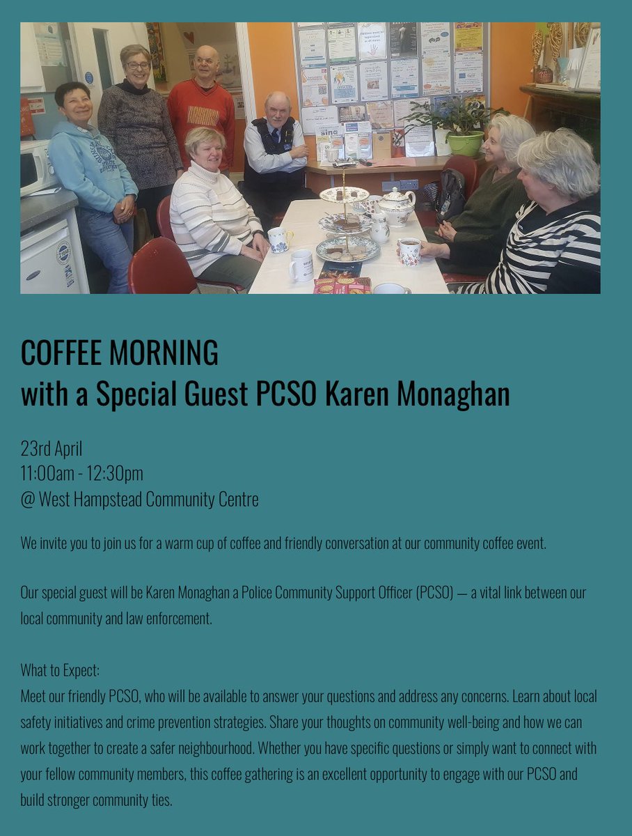 There's a special guest @CAforWH PCSO Karen Monaghan - come and meet her tomorrow from 11-12:30 Community Centre of West Hampstead, 17 Dornfell Street NW6 1QN on Friday at 7 pm @NW6Community @NW6FOFG @WestHampsteadWI @SolentRoadNW6