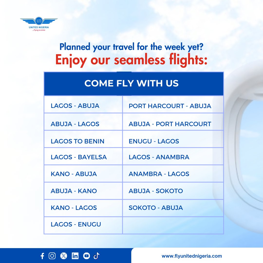 Our wings are prepped and ready to get you to your appointments for the week.🧳

Visit our website or mobile app to save your seats now!✈️

#UnitedNigeriaAirlines #FlyUnitedNigeriaAirlines #FlyingToUnite #AMoreRewardingWayToFly #airtravel #travelnigeria