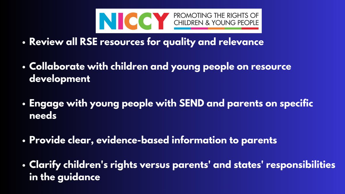 NICCY supports the motion being brought to @niassembly today calling for inclusive, standardised, and age-appropriate Relationship and Sexuality Education in schools across NI. This is an issue consistently raised with @ChrisNICCY by young people. Our recommendations🔽