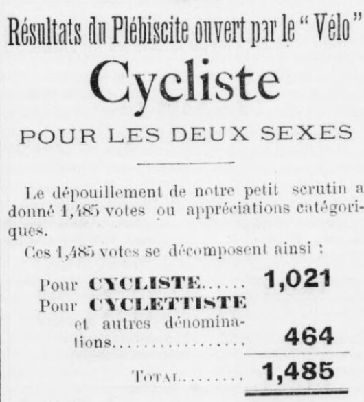 La terminologie pour désigner les utilisateurs de bicyclette est longtemps restée floue. Ainsi, furent usités véloceman, vélocipédiste, bicycliste, cyclettiste, cycliste… Des votes furent parfois même organisés pour trancher le sujet. Ici, par le quotidien Le Vélo en 1893.
