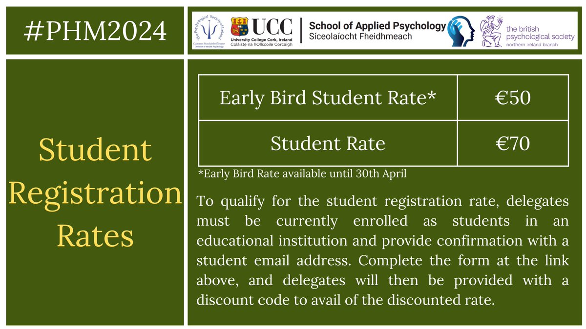 #PHM2024 is offering Student Registration Rates! If you're a student and would like to attend #PHM2024, you can avail of our reduced student rates by completing the form here ucc.qualtrics.com/jfe/form/SV_aY…. Early bird rates available until 30th April.