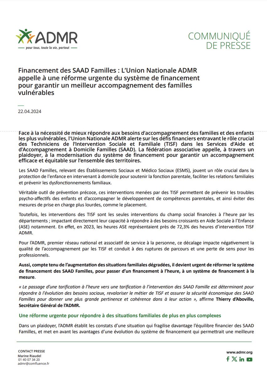 📢[Communiqué] Financement des SAAD Familles : L’Union Nationale ADMR appelle à une réforme urgente du système de financement pour garantir un meilleur accompagnement des familles vulnérables
👉bit.ly/cp-financement…