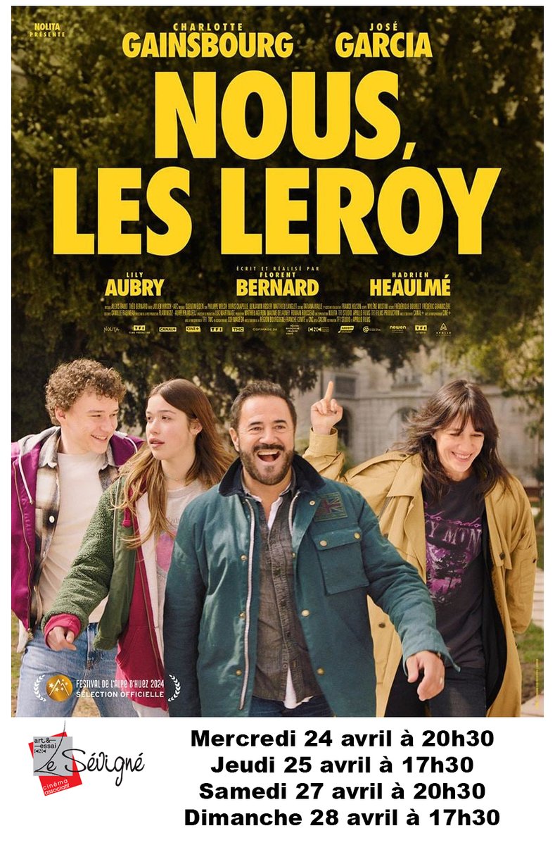 Mercredi 24 avril à 20h30, jeudi 25 à 17h30, samedi 27 à 20h30 et dimanche 28 à 17h30 au Cinéma Le Sévigné :
NOUS, LES LEROY
De #florentbernard
Avec Charlotte Gainsbourg, José Garcia, Lily Aubry
#lesevigne #Cinema #film #charlottegainsbourg #josegarcia #nouslesleroy