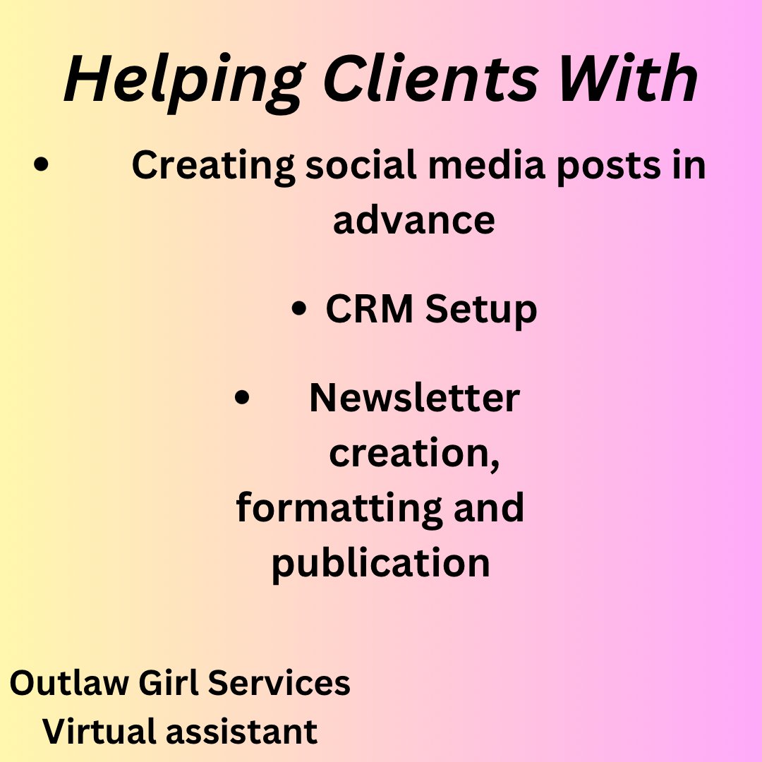 What I have been helping clients with.

#helpingclients #entrepreneurs #smallbusinesses #businessowner #outlawgirlservices #virtualassistant