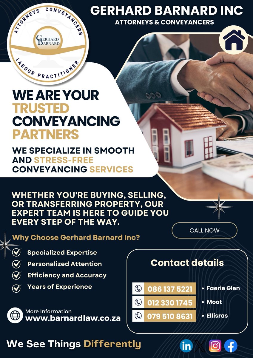 🏡 Looking to navigate the intricacies of property law? Gerhard Barnard Inc Attorneys and Conveyancers is your trusted partner for all your conveyancing needs!

barnardlaw.co.za
