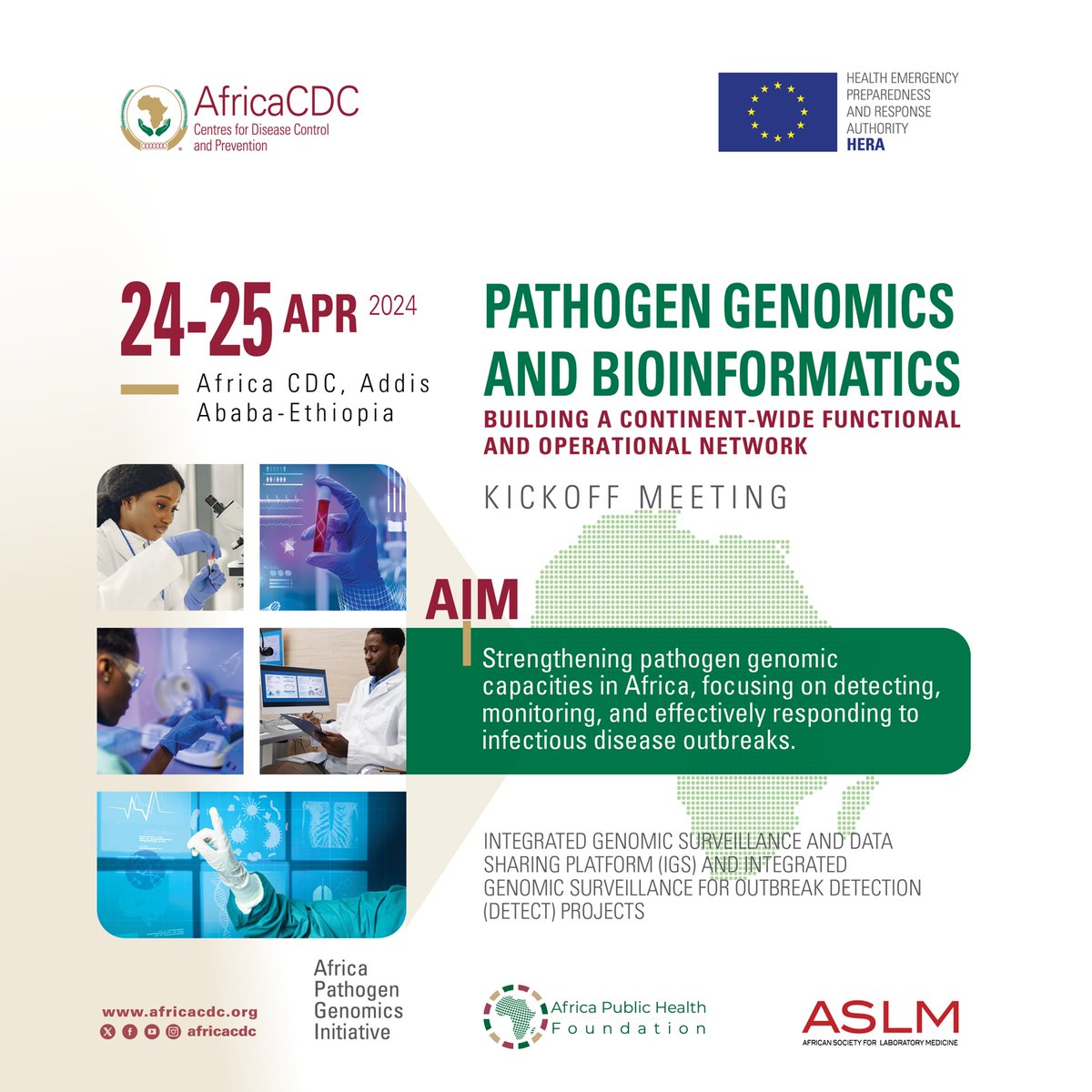 Don't miss out! Save the date for the kickoff meeting of the @AfricaCDC DETECT and IGS Projects. Join us on April 24-25, 2024, your participation is crucial to strengthen pathogen genomic capacities and enhance outbreak detection in Africa. #DETECTProject #IGSProject…