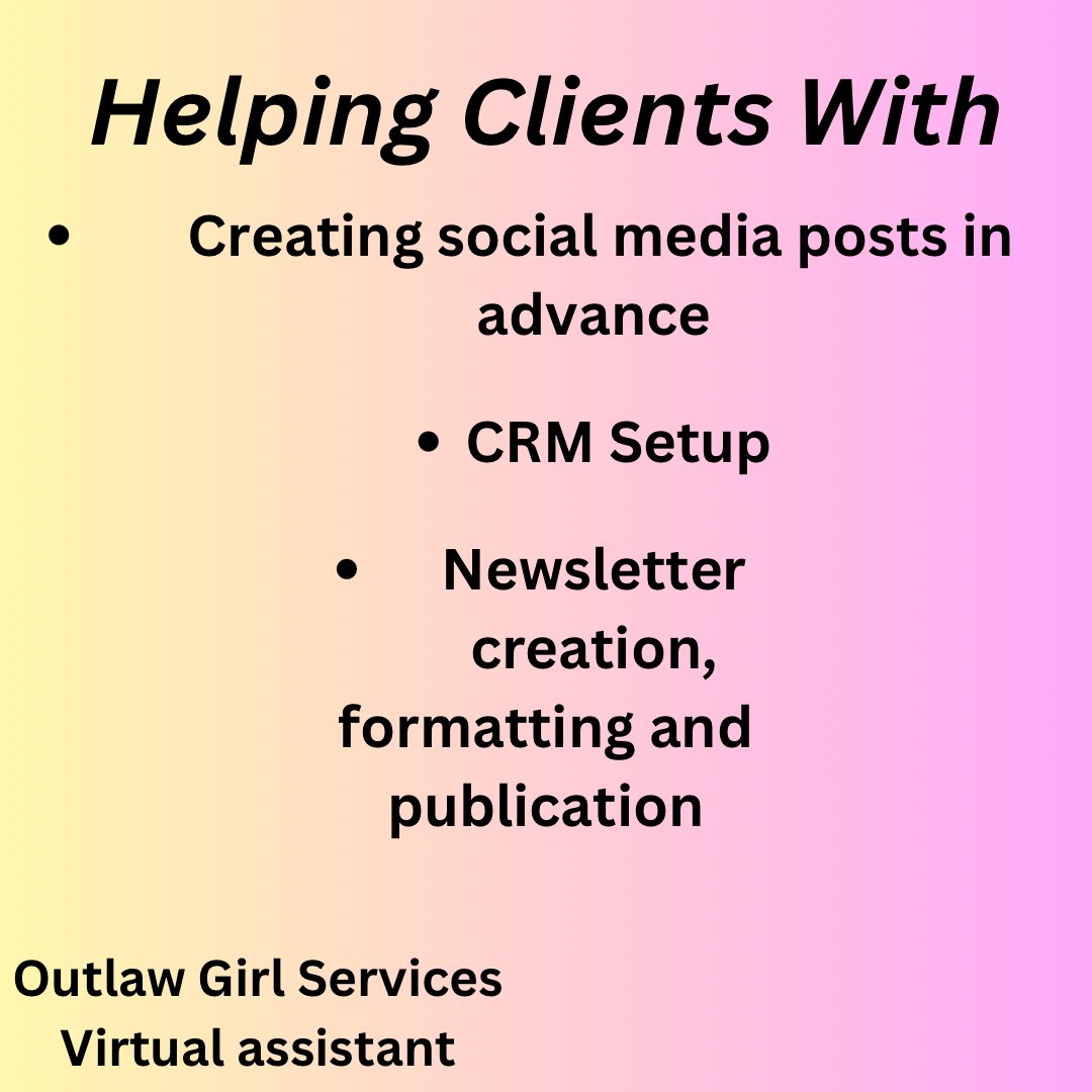 What I have been helping clients with.

#helpingclients #outlawgirlservices #virtualassistant #businessowner #smallbusinesses #entrepreneurs