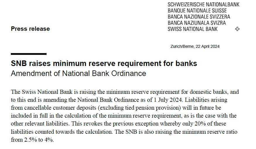 To reduce its interest costs and limit its losses, the Swiss National Bank increases the non-remunerated sight deposits which banks must hold at the central bank to meet their minimum reserve requirements. MRR: 🇨🇭 4%, 🇪🇺 1%. When will the #ECB follow? snb.ch/en/publication…