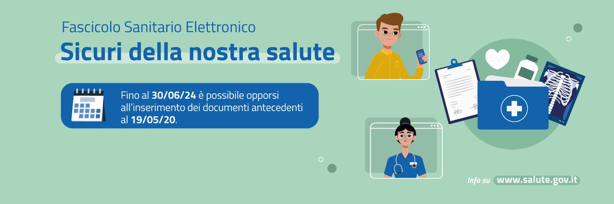 “Sicuri della nostra #salute” è la nuova campagna di informazione sul Fascicolo Sanitario Elettronico 2.0. Fino al 30 giugno puoi opporti all’inserimento automatico dei dati e documenti sanitari precedenti al 19 maggio 2020. Per saperne di più  salute.gov.it/portale/fascic…