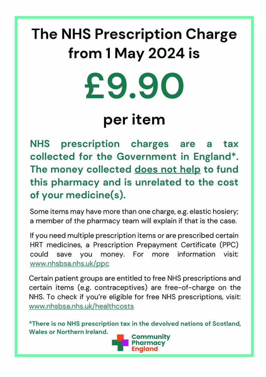 The DHSC has announced from 1st May 24, the NHS prescription charge will increase to £9.90 per prescription item (note: some items may incur more than one charge).
Please remember this is NOT a payment to the pharmacy, it is given to the Government as a contribution to the NHS.