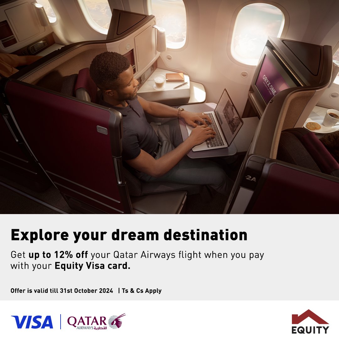 Discover new horizons and save up to 12% when you pay for your @qatarairways flight with your Equity Visa card​ To enjoy this exclusive offer, visit visa.co.ke to register and receive the promo code to book your next trip. ​ ​Ts&Cs apply.​ ​#KulipaNiEquityCard