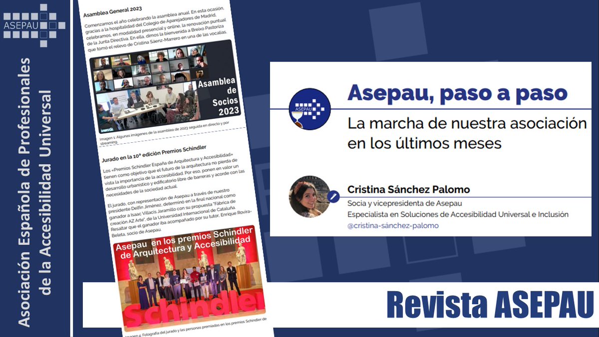 Nuestra vicepresidenta, Cristina Sánchez, nos hace un resumen en el nuevo número de la revista Asepau de los pasos que ha dado la asociación en este último año: asepau.org/sites/default/… #ProfesionalesdelaAccesibilidad