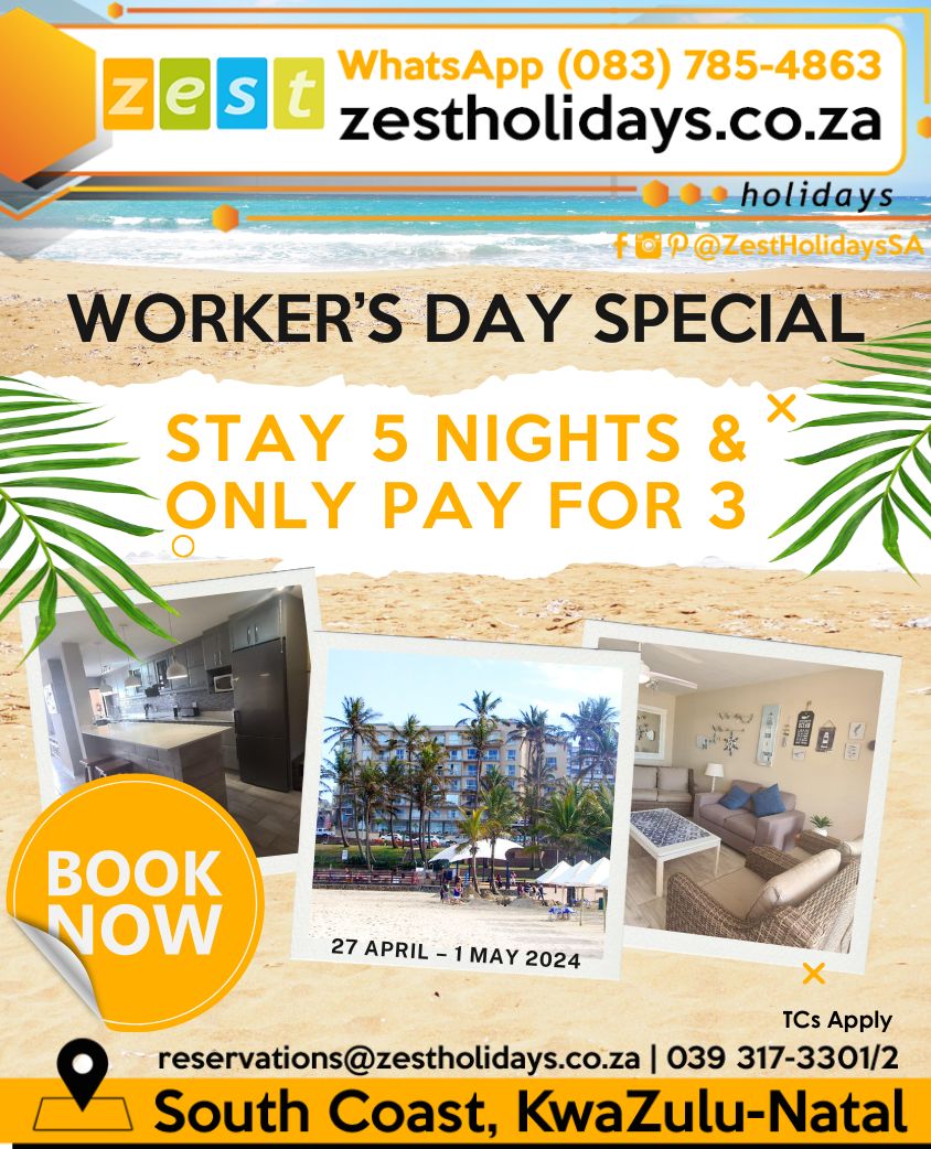 💰 Take advantage of our Workers Day special and enjoy a 5-night stay, only pay for three nights! 🤩 

Book now bit.ly/2L7UTPT

#KZNSouthCoast #WorkersDaySpecial #Getaway #BeachLife