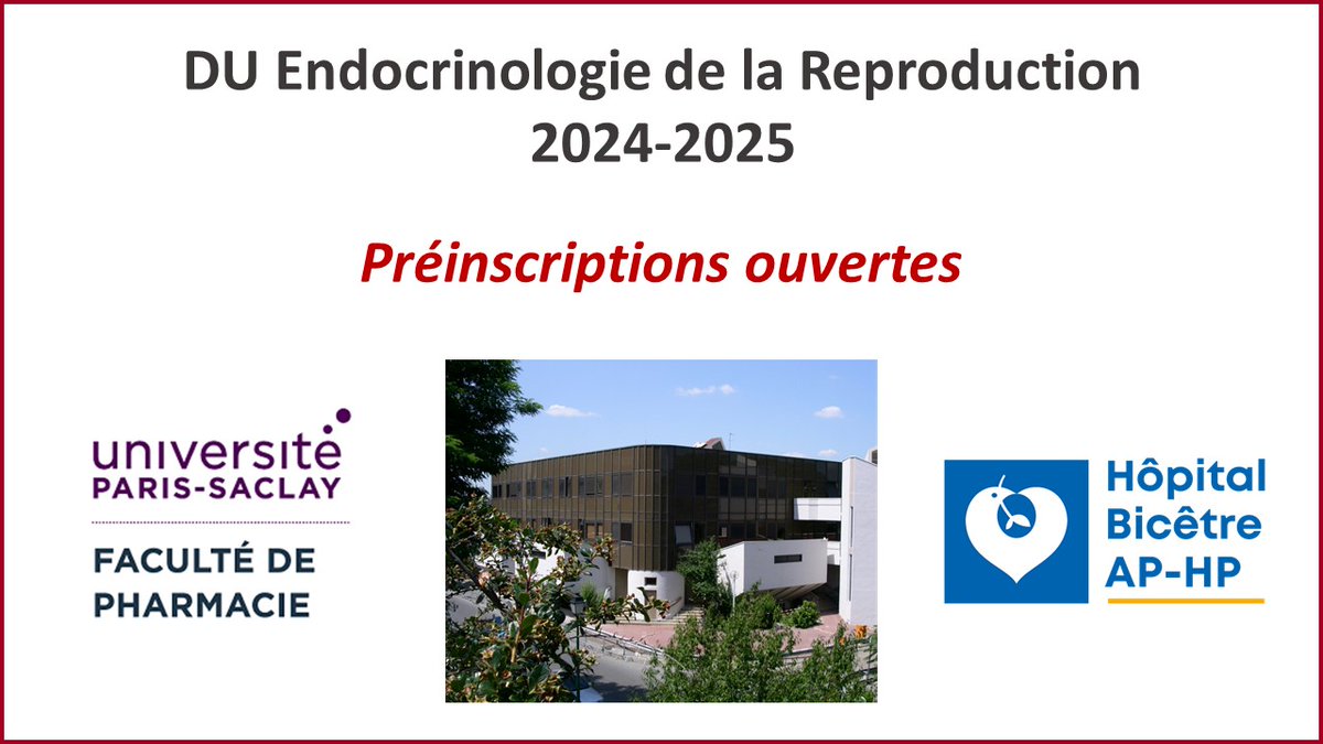 [#formation] Les préinscriptions au DU Endocrinologie de la Reproduction 2024-2025 de @MedecineUPSay sont ouvertes. Endocrinologues, gynécologues, biologistes de la reproduction, internes de médecine... N'hésitez pas à vous renseigner. ➕ d'infos 👉 urlz.fr/qmw1