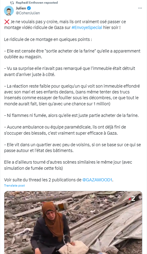 Bonjour @RReichstadt,

Votre collègue de Franc-Tireur @Enthoven_R a RT un tweet complotiste qui qualifie de 'montage' un reportage de l'émission #EnvoyeSpecial sur France2.

Il diffame ainsi une femme qui vient de perdre son mari et ses 4 enfants, j'espère que vous allez réagir.