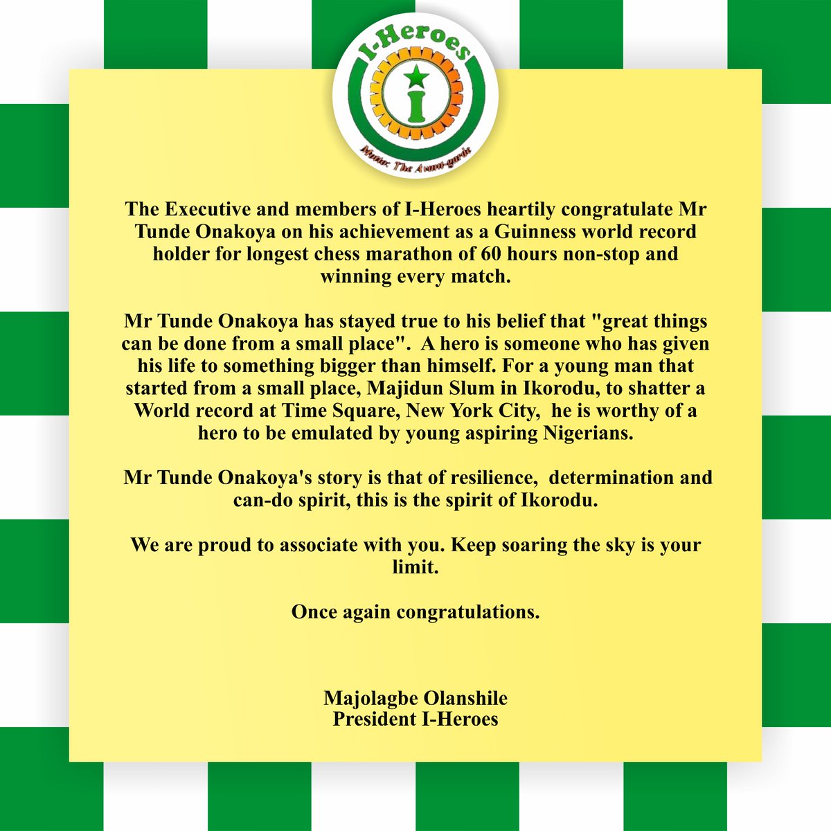 IkoroduHeroes's tweet image. Congrats @Tunde_OD 
Thanks for been resilient, Determined and exhibiting a can-do spirit.

#LongestChessMarathon
#58Hourscomplete
#RecordBroken
#NewRecordSet
#IkoroduToTheWorld
#IHeroes
