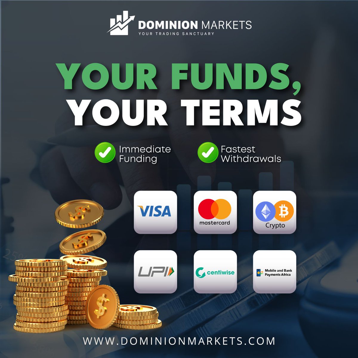 At Dominion Markets, you can choose from a variety of payment methods for both deposits and withdrawals. 💳💸

#DominionMarkets
#forextrading 
#PaymentSolutions