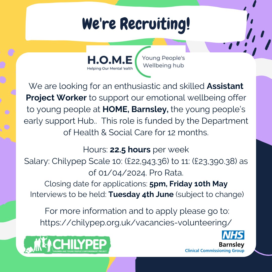 HOME (Help with Our Mental 'Ealth), Barnsley are recruiting for two new posts! We are looking for a Wellbeing Project Worker AND an Assistant Project Worker to join our team 🌟 Find more information at: chilypep.org.uk/vacancies-volu…