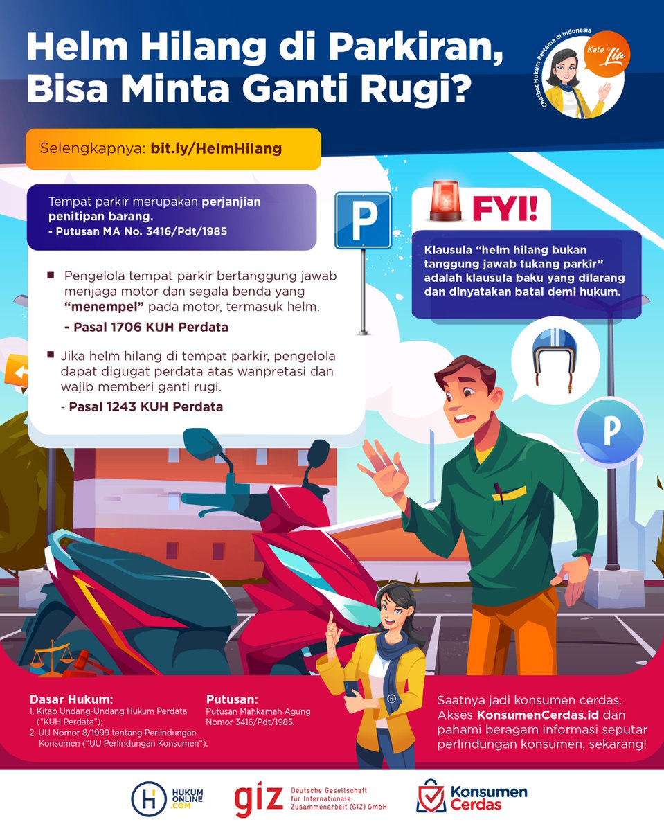 klinikhukum's tweet photo. Helm kamu hilang di parkiran? Jangan khawatir! Kamu bisa lho menggugat pengelola parkir atas wanprestasi. Simak penjelasan selengkapnya pada infografis berikut!

Selengkapnya: https://t.co/BdHHaeaYxM

#Hukumonline #KlinikHukum #MelekHukum #InfografisHukum #HelmHilang #PerlindunganKonsumen #BiarMakinPaham