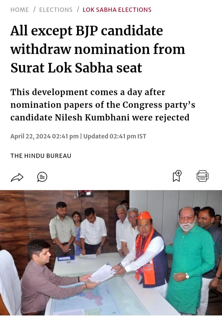 kaleidoscopeic's tweet photo. Surat constituency update:
Congress candidate nomination paper rejected, followed by all indipendent candidate withdraw nomination. BJP already opened Lok Sabha account unopposed. https://t.co/KXXwZWoB6Z