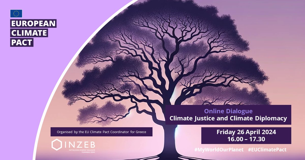 Join us for an online dialogue on #ClimateJustice & #ClimateDiplomacy, where #EUClimatePact Ambassadors Dr. Z. Aliozi, D. Symeonidis, & S. Zourka will discuss the nexus of #HumanRights & #EnvironmentalGovernance. 👉26.04.2024, 16:00 EEST 👉Register here: tinyurl.com/2p8c5kd8