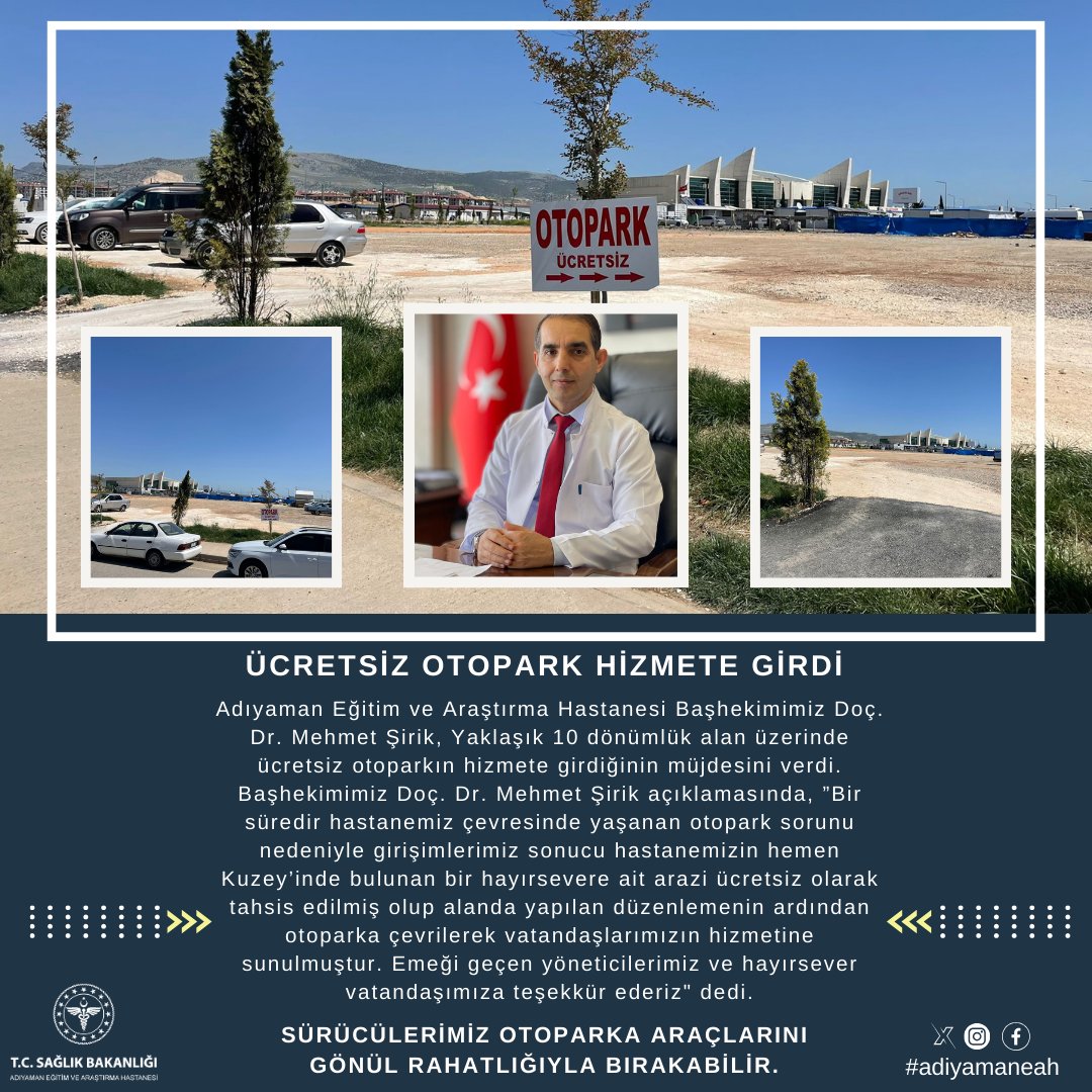 adiyamaneah's tweet photo. Ücretsiz otopark hizmete girdi
Adıyaman Eğitim ve Araştırma Hastanesi Başhekimimiz Doç. Dr. Mehmet Şirik, Yaklaşık 10 dönümlük alan üzerinde ücretsiz otoparkın hizmete girdiğinin müjdesini verdi.🚗
⤵
https://t.co/dI9vEIZb7S 🌐
#Otopark #Adıyaman #Hastane #Araç https://t.co/fSFgRC4w4u