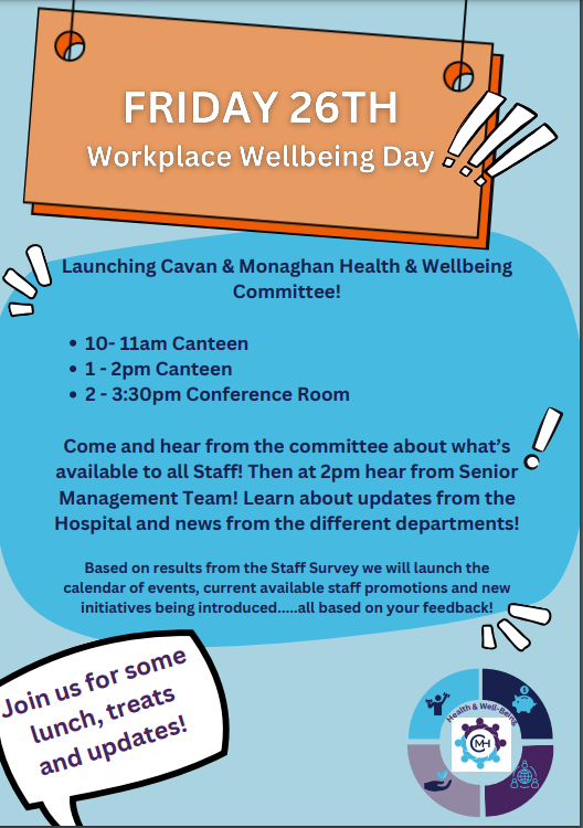 Looking forward to launching our new Health & Wellbeing Committee for CMH staff this Fri 26th for National Workplace Wellbeing Day! Come chat outside the canteens and then hear from our Senior Management Team at 2pm in the conference room for updates and news about the hospital!