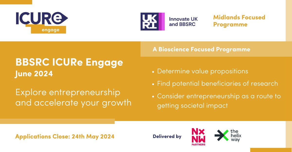 Calling bioscience research students and technicians in The Midlands (England) interested in entrepreneurship. The BBSRC ICURe ENGAGE programme can support you to unlock the commercial potential of your research. ⏰Opens 29 April: icureprogramme.com/courses/bbsrc-… @ICUReProgramme
