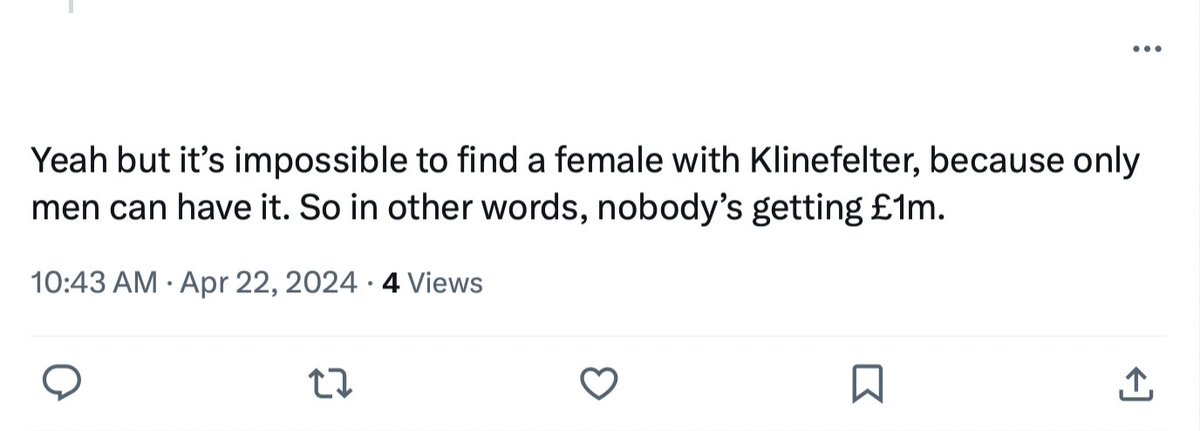 Don't believe this killjoy. Differences of sexual development like Klinefelter syndrome, which are sex specific, prove there's no such thing as binary sex, and if that doesn't make sense to you, you are literally Hitler.