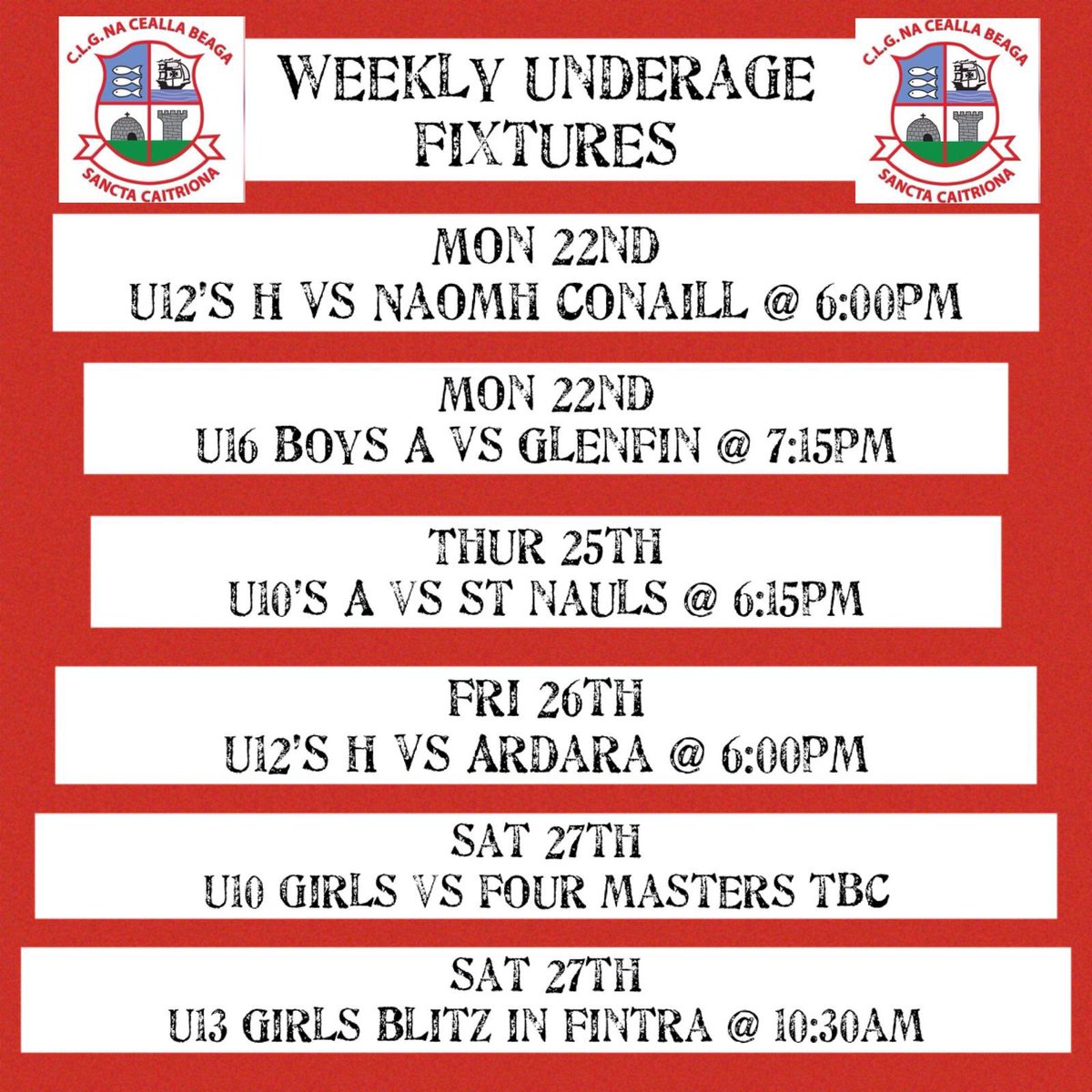 Underage fixtures for this week! Best of luck to all teams and management for the week ahead. All support welcome 🔴⚪️