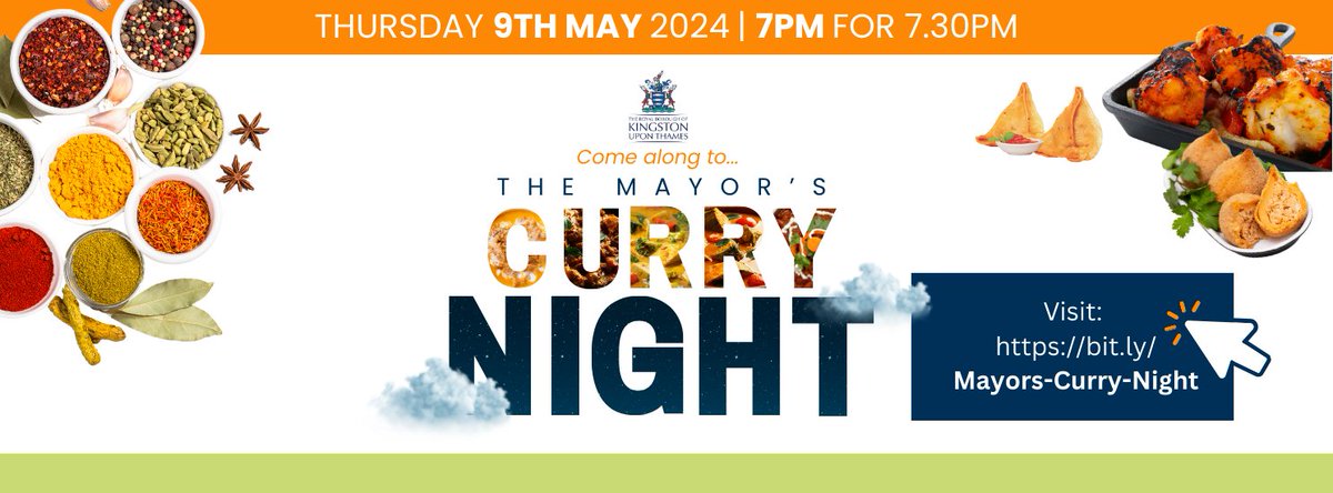 Come along to The Mayor's Curry Night at Joy Indian Cuisine in Surbiton! 🍴🎉 Tickets include a delicious meal and a raffle. The evening is is in aid of the Mayor’s Charitable Trust, which is fundraising for @Kingston_c_f and @voh_org. Register here 👉 kingston.gov.uk/events/event/2…