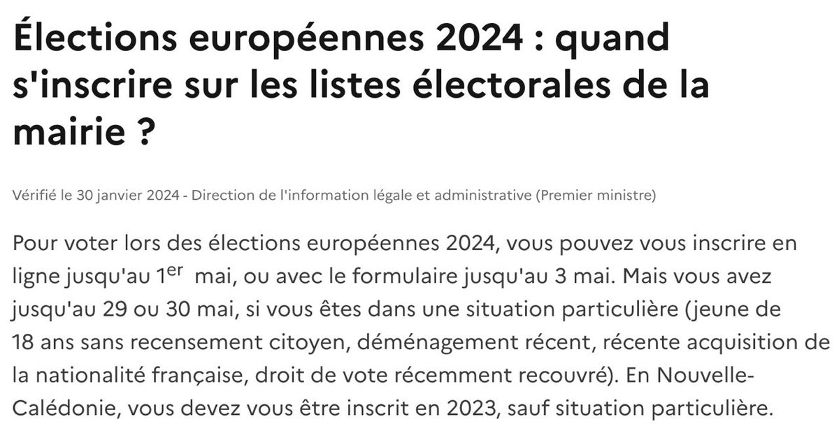 Dernière semaine pour s'inscrire sur les listes électorales pour pouvoir voter le 9 juin ! Comme le gouvernement préfère une élection sans électeur et n'engage aucune campagne d'inscription sur les listes électorales, je vous invite à partager massivement l'information 👉