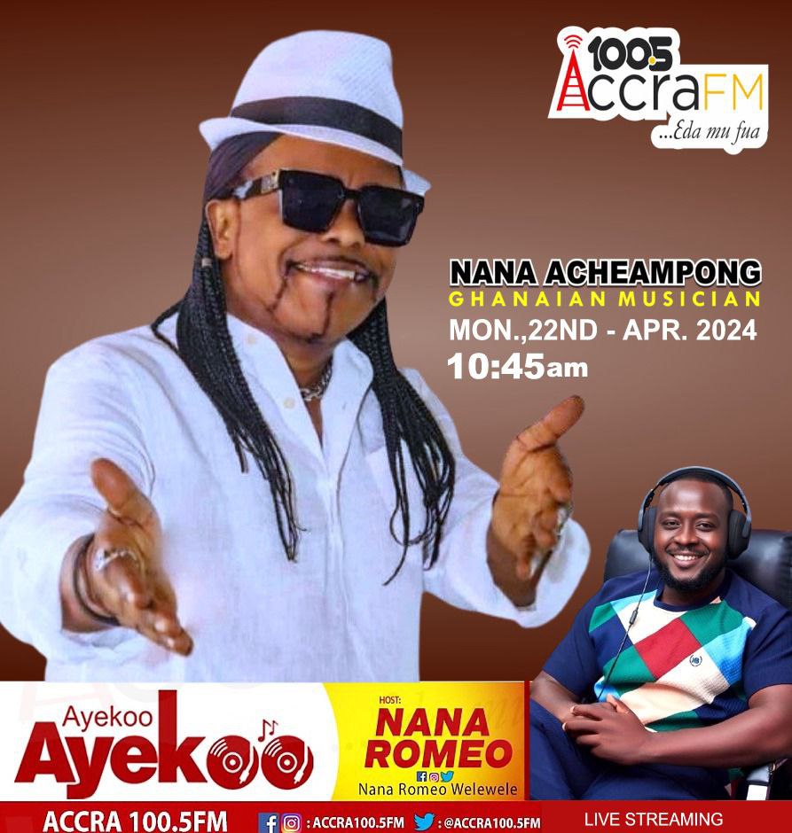 Legendary Ghanaian highlife singer, Nana Acheampong will join Nana Romeo for an interesting conversation on the best mid-morning program in Ghana 'Ayekoo Ayekoo' on Accra100.5FM today.