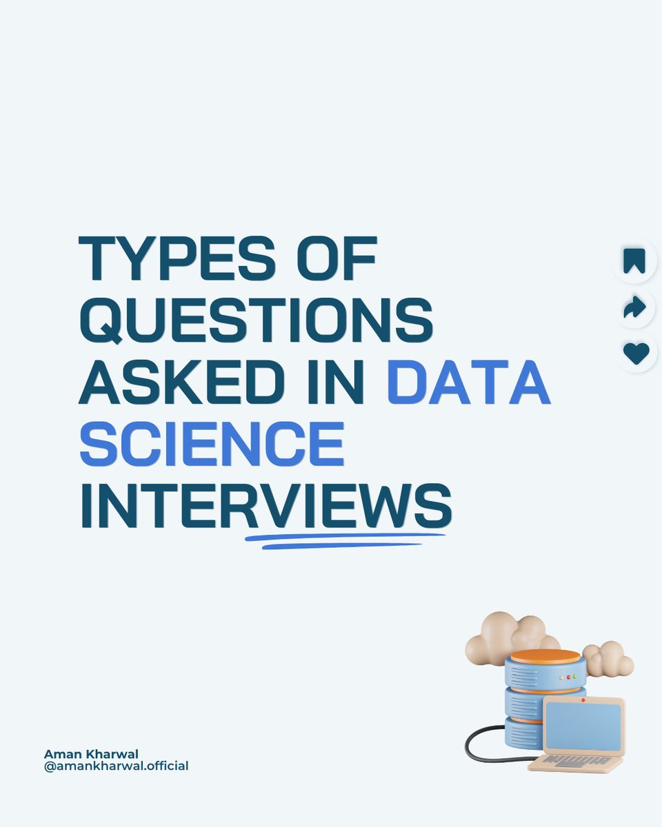 Types of questions asked in #DataScience interviews:

1. Data Manipulation Questions
2. Data Analysis Questions
3. Machine Learning Algorithms Questions
4. Project Based Questions
5. Code Reading and Debugging Questions
6. Case Study and Scenario Based Questions

Here’s a guide