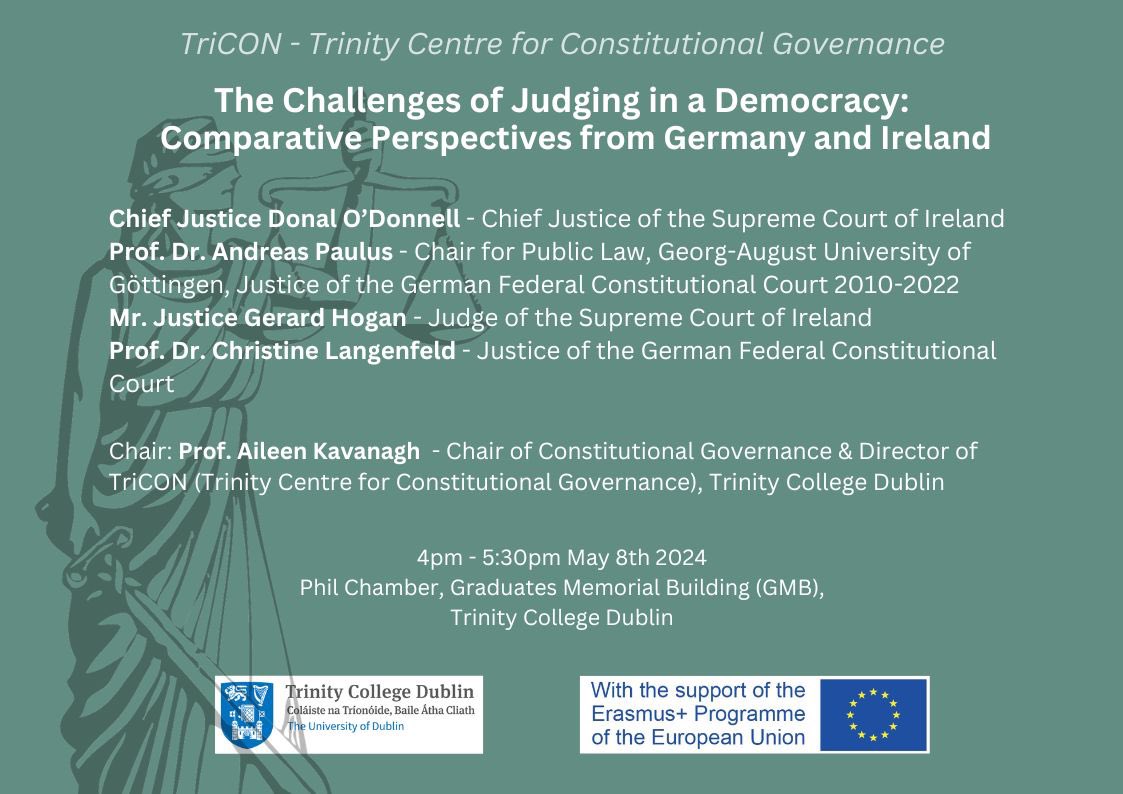 @TriCONDublin is proud to host a high-level panel discussion on May 8th 4pm @tcddublin on: ‘The Challenges of Judging in a Democracy’ ft leading judges from the German Federal Constitutional Court @BVerfG & the Irish Supreme Court. Register here: forms.office.com/e/QE8JRypR6s