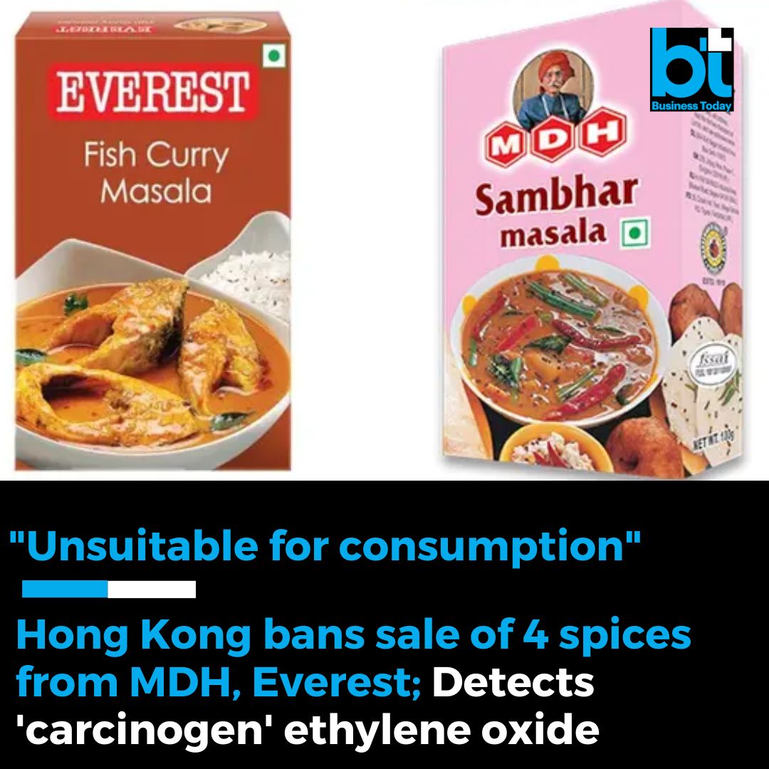 'Unsuitable for consumption': #HongKong bans sale of 4 spices from #MDH, #Everest ➡️ Hong Kong's food safety watchdog said that it detected ethylene oxide, a pesticide classified as a carcinogen, in three MDH products – Madras Curry Powder, Mixed Masala Powder, and Sambhar
