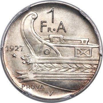 Queen Teuta and an Illyrian rowboat on a 1 Frang Ar coin, Albanian Central Bank (1927)