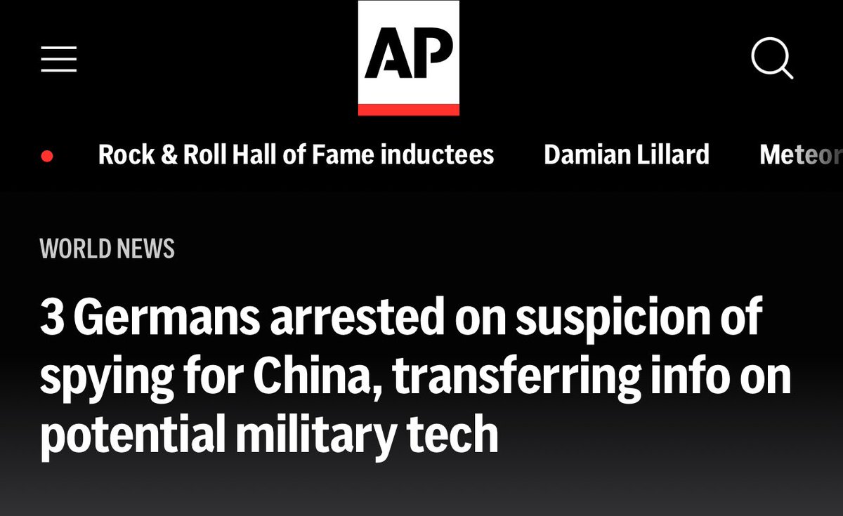 Three people suspected of spying for China and facilitating the transfer of information on technology with potential military uses were arrested in Germany on Mon Apr 22. The three German citizens are accused of having acted for 🇨🇳 intelligence since some point before June 2022.