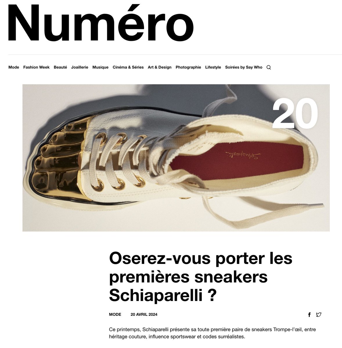 'Fidèle à l’ADN de la maison parisienne fondée en 1927, la première paire de sneakers signée Schiaparelli est une ode au surréalisme – et à l'héritage sporstwear de la maison – , très souvent pratiqué par Daniel Roseberry.' @NumeroMagazine #Schiaparelli numero.com/fr/mode/la-pre…