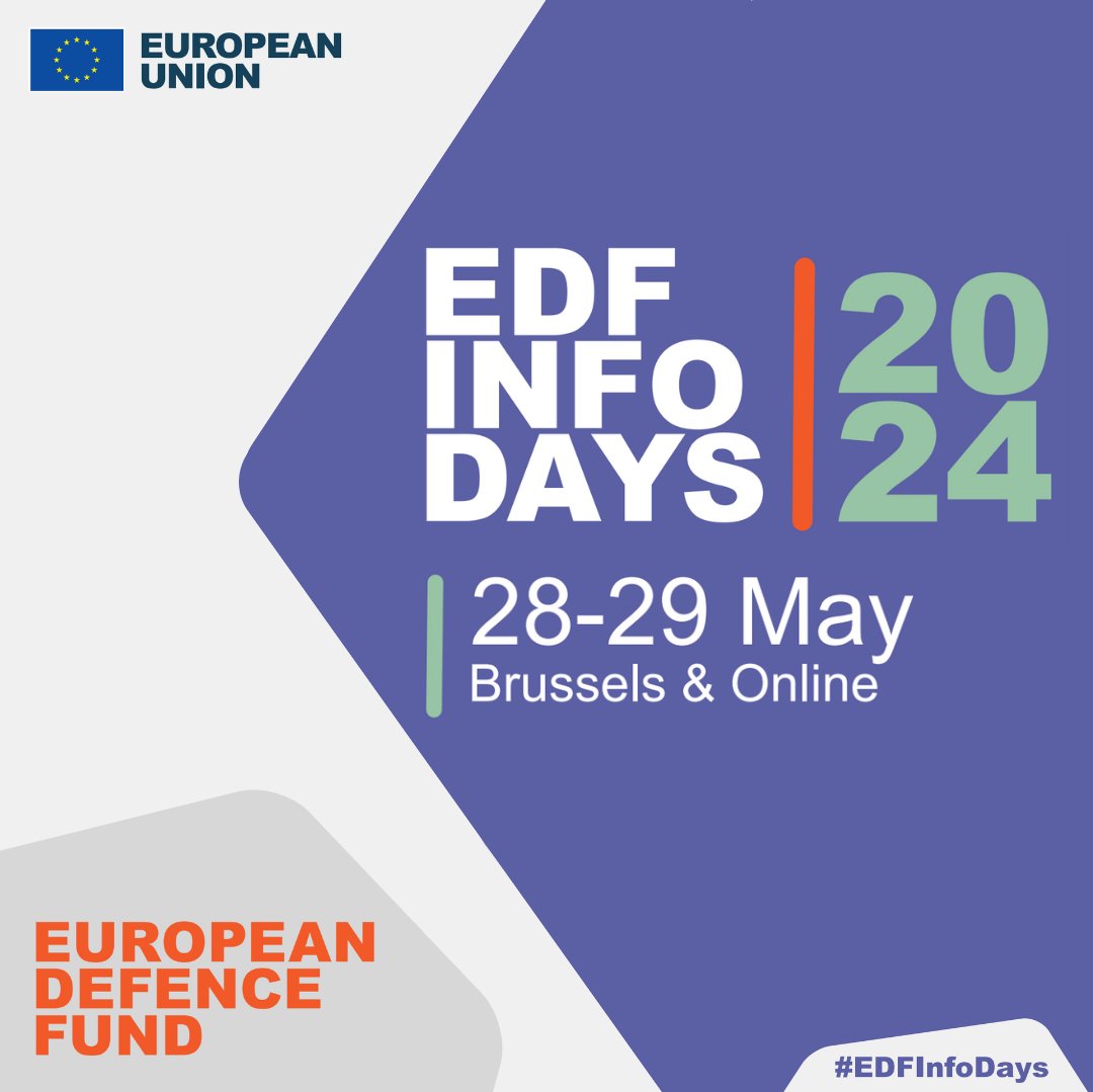 #ICYMI The #EDF Info Days will take place in Brussels and on 28-29 May At this informational and networking event, the #EDF 2024 calls for proposals 🛡️🇪🇺 will be presented in details More at 👇 defence-industry-space.ec.europa.eu/european-defen…