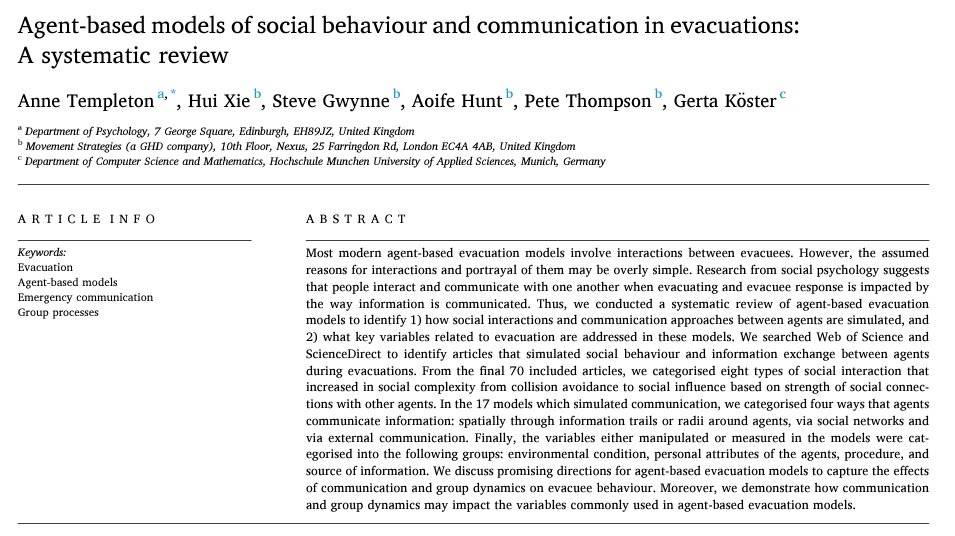 New paper! We categorise the ways that agent-based evacuation models implement social behaviour and information exchange, and suggest how future models can integrate evidence about behaviour in emergencies from social psychology. doi.org/10.1016/j.ssci… @FRCommsStrategy