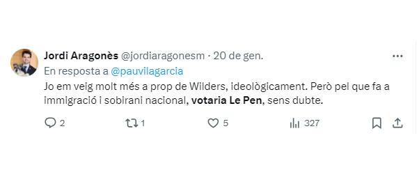 Els d'Aliança Catalana sense complexos afirmant que votarien Marine Le Pen, soci a Europa d'Abascal. A Perpinyà, Louis Aliot, del partit de Le Pen, és responsable de la marginació i discriminació de la llengua i cultura catalana. Un independentista de veritat mai votaria Le Pen.