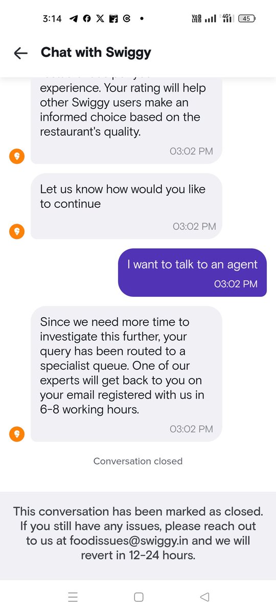 thala_sanjay_'s tweet photo. Hey @swiggyindia what is this I ordered one and I geted one if I am trying to complaint means it shows  it will more time to investigate 6 to 8 working hours and close the chat  what is this I am in hungry !! so so disappointed with you guys

@Swiggy @SwiggyCares https://t.co/ELd2REI3df